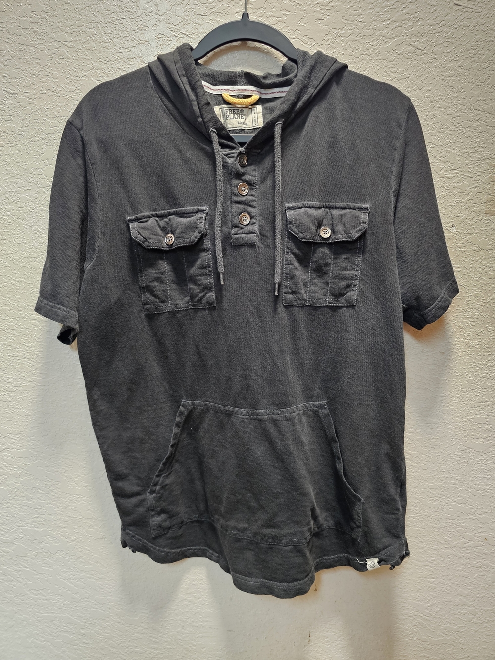 Free Planet Short-Sleeve Hooded Henley in Charcoal